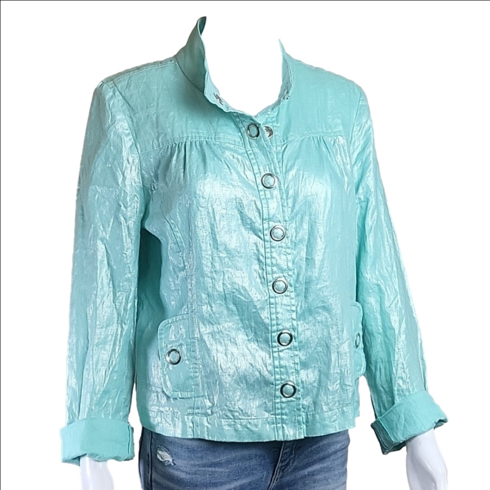 Vintage Elliott Lauren 100% Linen Mint Green Snap Front Lightweight Jacket